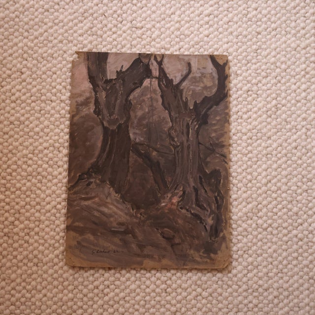 This 1922 French dark forest painting captures the mystery and mood of a wooded landscape through a rich, earthy palette...