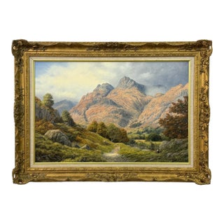 Sheep by River in Mountains of Lake District England - Original Oil on Canvas 1990 Circa For Sale