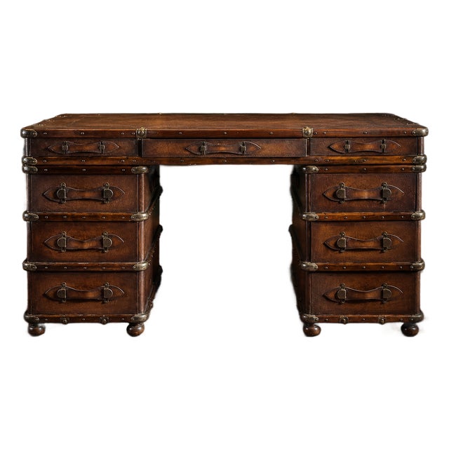 British Colonial Faux Luggage Campaign-Style Kneehole Desk For Sale