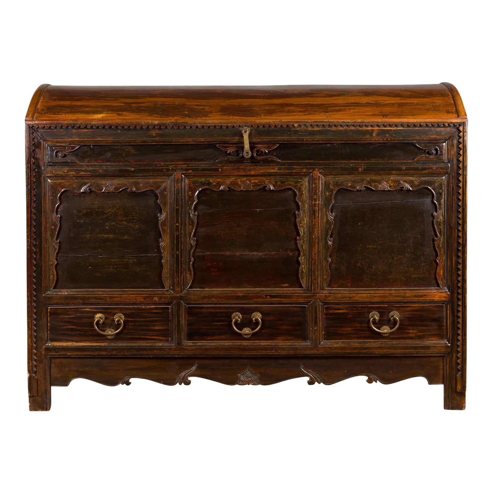 Chinese Antique Large Dowry Chest with Arching Lid, Carved Panels and