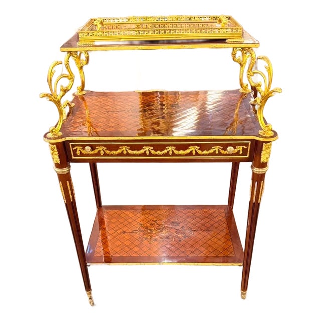 Vintage Marquetry Louis XVI Rolling Serving Cart & Tray For Sale