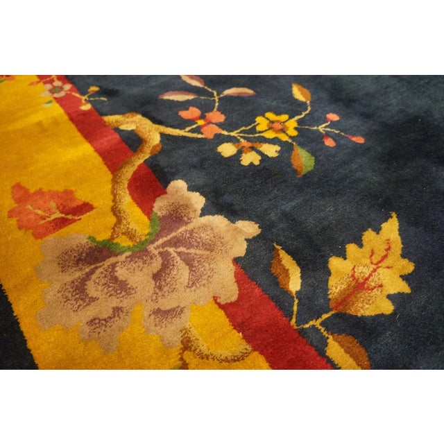 Lovely Navy Blue Background and Yellow Gold Border Color With Floral Design Antique Chinese Art Deco Rug For Sale - Image 9 of 12