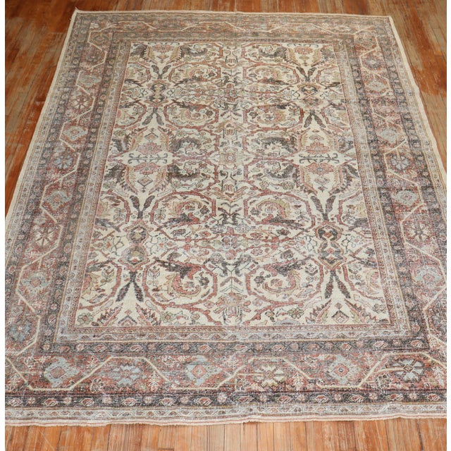 Persian Antique Worn Ivory Persian Mahal Rug - 7' x 10'2" For Sale - Image 3 of 11