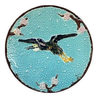 Late 19th Century Joseph Holdcroft Turqoise Flying Crane Majolica Plate For Sale