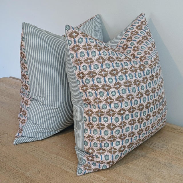 Elizabeth Eakins Lanterns 20" Pillows in Teal- Pair For Sale In Greensboro - Image 6 of 8