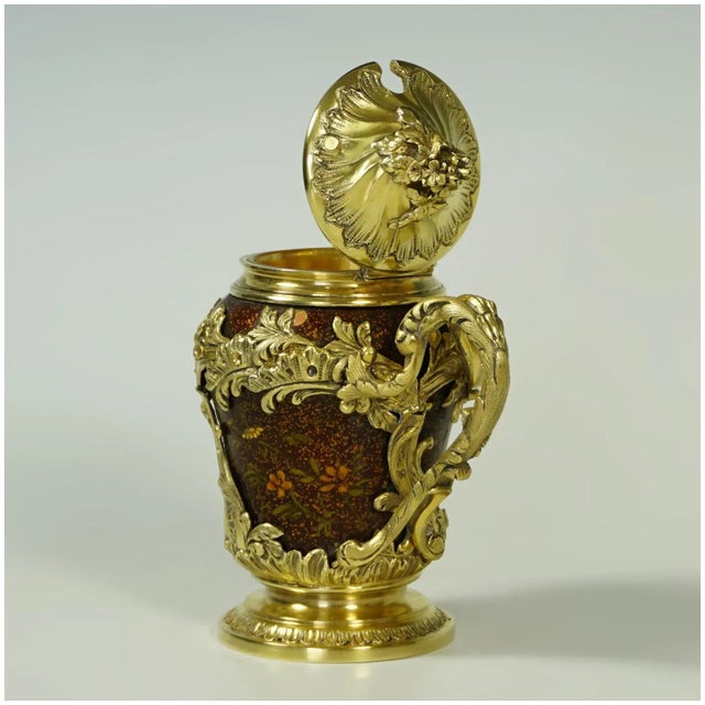 Metal Antique French Sterling Silver Mustard Pot, Enamel on Copper, Gilt Vermeil For Sale - Image 7 of 10