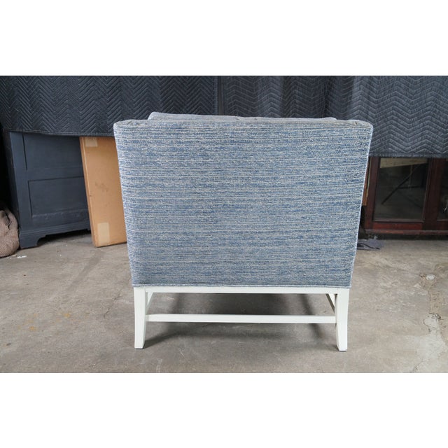 Wood Late 20th Century Gabriella White Bev Upholstered Modern Blue Slope Arm Library Chair and a Half For Sale - Image 7 of 11