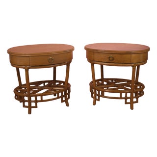 Late 20th Century Pair of Ficks Reeds Fretwork Oval Rattan Nightstands For Sale