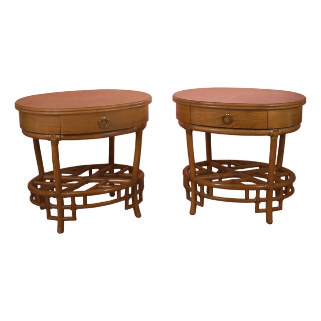 Late 20th Century Pair of Ficks Reeds Fretwork Oval Rattan Nightstands For Sale