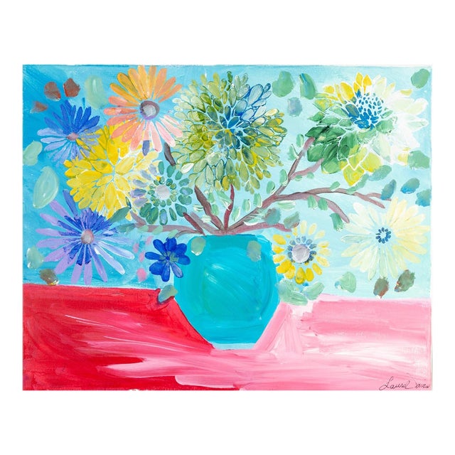 This artwork by North Carolina painter Laura Davis despicts a vibrant floral still life of a bouquet arranged in a...