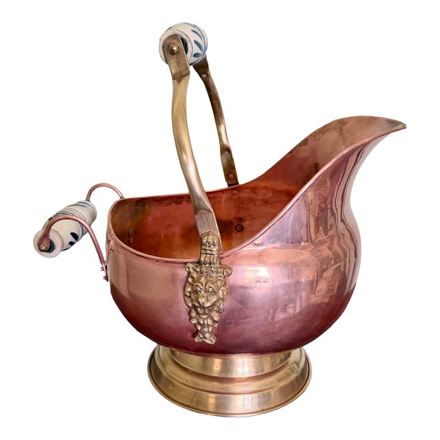 Copper and Brass Helmet Coal Scuttle | Delft Handles and Lion Mounts For Sale