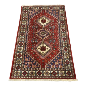 Yalameh Rug 3'3'' X 5'2'' Red Wool Vintage Tribal Hand-Knotted Oriental Carpet
