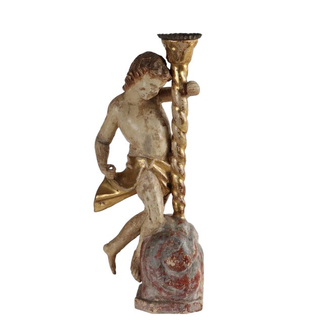 Torch Holder Putto in Wood For Sale