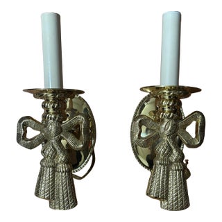 Vintage Lou Campbell Hollywood Regency Brass Bow & Tassel Wall Sconces | French Neoclassical Lighting, a Pair For Sale