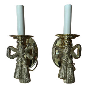 Vintage Lou Campbell Hollywood Regency Brass Bow & Tassel Wall Sconces | French Neoclassical Lighting, a Pair