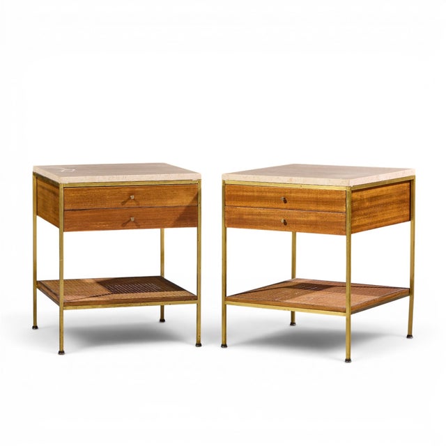 Mid-Century Modern Paul McCobb for Calvin Irwin Group Model 8714 Mid Century Bleached Mahogany, Cane, Brass and Travertine Nightstand - Pair For Sale - Image 3 of 13