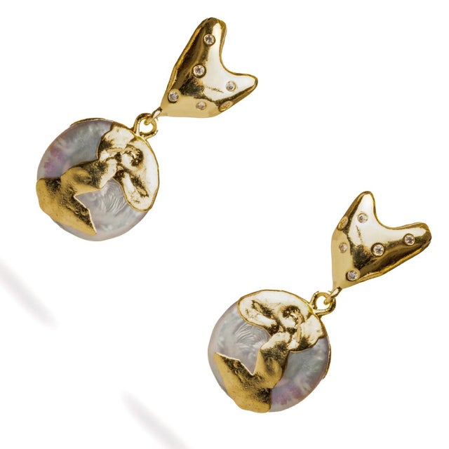 Contemporary Love Gold Melted & Diamond Heart Stud Pearl Drop Earrings, A Pair For Sale - Image 3 of 7