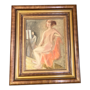 1970’s Original Modernist Female Nude in Studio Painting Chunky Wood Frame