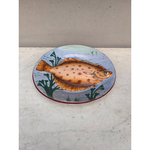 Rare 19th Century Majolica Porcelain Palissy Flounder Fish Wall Platter. 8.2 inches diameter.