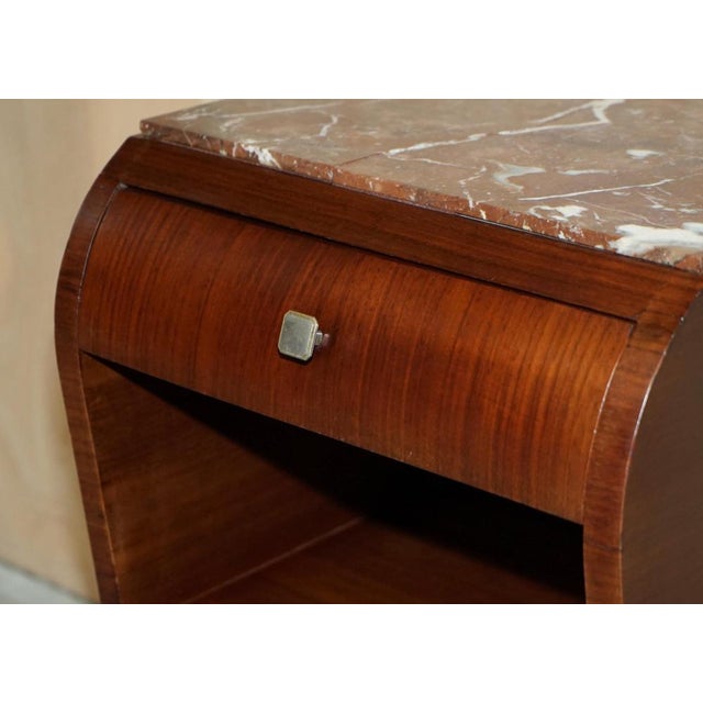 1920s French Art Deco Hardwood Bedside Tables with Marble Tops, 1920s, Set of 2 For Sale - Image 5 of 18