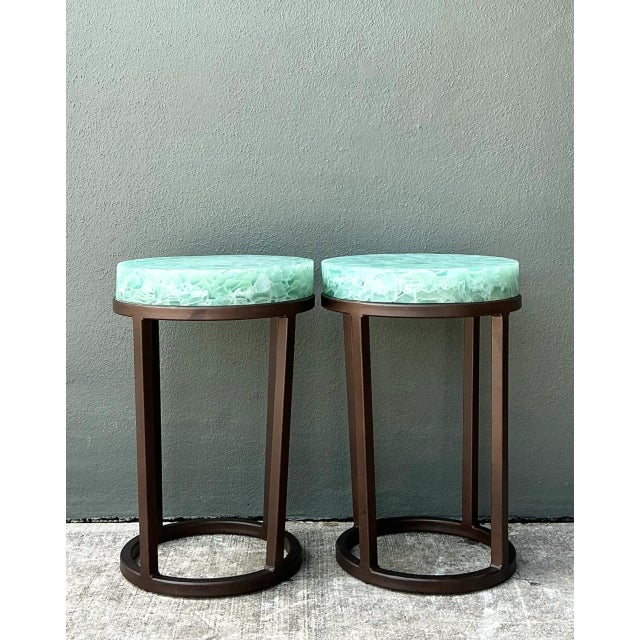 Celadon Vintage Stone and Metal Side Tables - Pair For Sale - Image 8 of 12