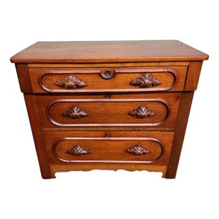 Antique Victorian Walnut 3 Drawer Bachelors Chest With Carved Pulls For Sale