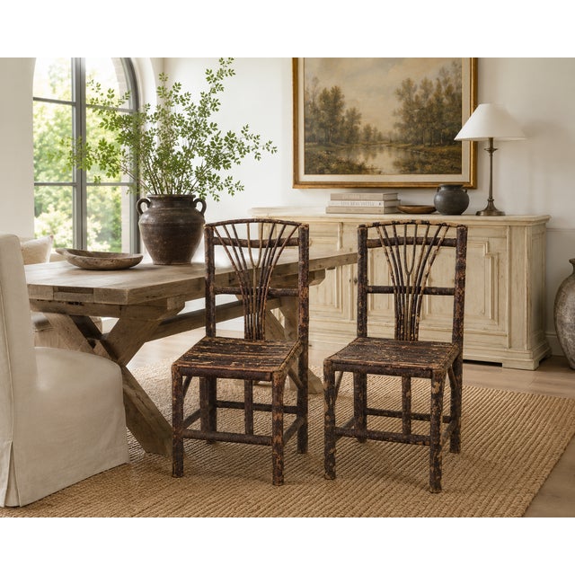 Shabby Chic Early 20th Century Pair Adirondack Rustic Twig Fan-Back Side Chairs With Hollywood Provenance For Sale - Image 3 of 6