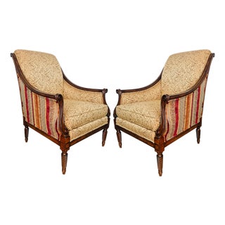 Drexel Heritage Neoclassical Bergère Chairs in Antique Cherry & Custom Upholstery - A Pair For Sale