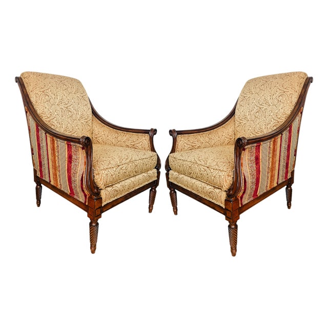 Drexel Heritage Neoclassical Bergère Chairs in Antique Cherry & Custom Upholstery - A Pair For Sale
