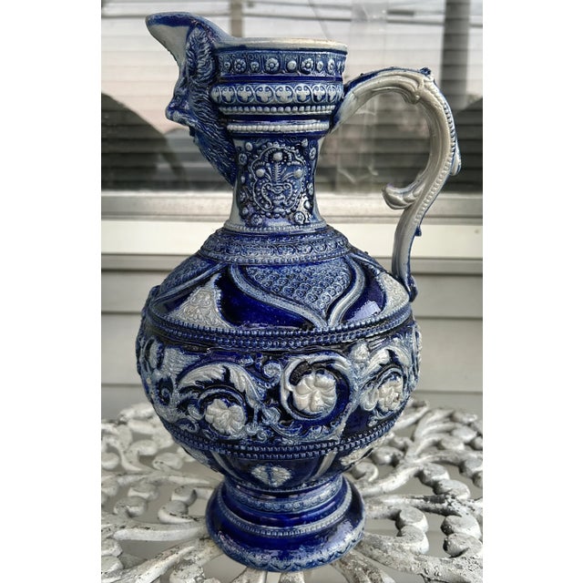 Mid 19th Century Mid 19th Century German Renaissance Revival Style Westerwald Salt Glazed Stoneware Coat of Arms Motif Satyr Spout Bulbous Footed Ewer For Sale - Image 5 of 11