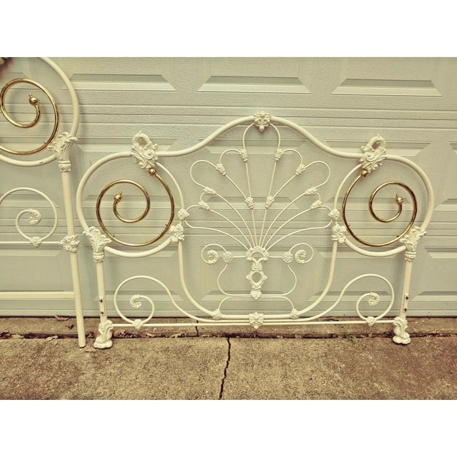 Hollywood Regency Glamorous Hollywood Regency Queen Size Vintage Brass, Enamel & Iron Headboard & Footboard For Sale - Image 3 of 5