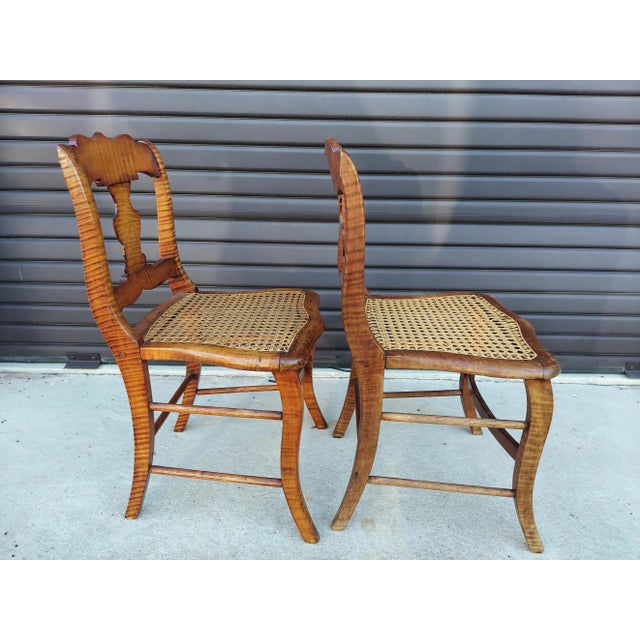 Matching Pair of Antique Tiger Maple Chairs With Cane Seats For Sale - Image 10 of 17