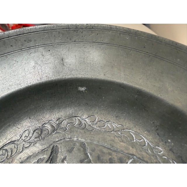 Gray Antique 18th Century Tooled Engraved Handmade Portrait Pewter Plaque Plate Dish For Sale - Image 8 of 9