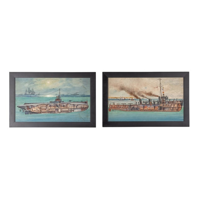 Charles John De Lacy, Warship Illustrations, Late 19th or Early 20th Century, Oil Paintings on Board, Framed, Set of 2 For Sale