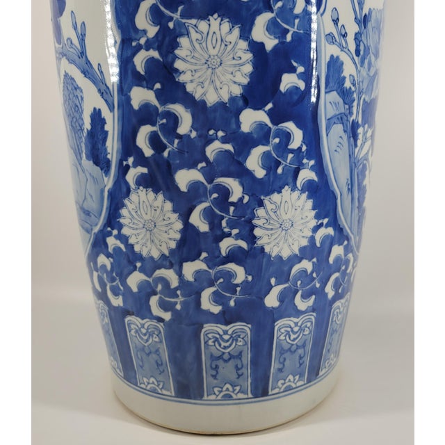 Wood Grand 40" Vintage Blue & White Chinoiserie Floor Vase & Carved Stand For Sale - Image 7 of 17