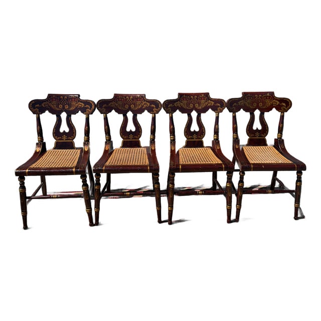 Antique Set of Four Federal Baltimore Style Paint Decorated Cane Seat Chairs, Circa 1820s For Sale