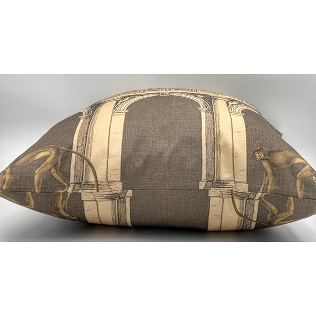 Mid-Century Modern Fornasetti Style Architectural Monkey Silk Throw Pillow, Down Filled For Sale - Image 3 of 7