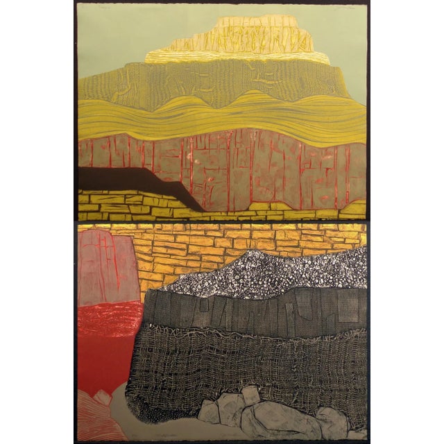 Green 1980s "Temple Stratification" Abstract Landscape Diptych Collagraph by John Ross - a Pair For Sale - Image 8 of 8