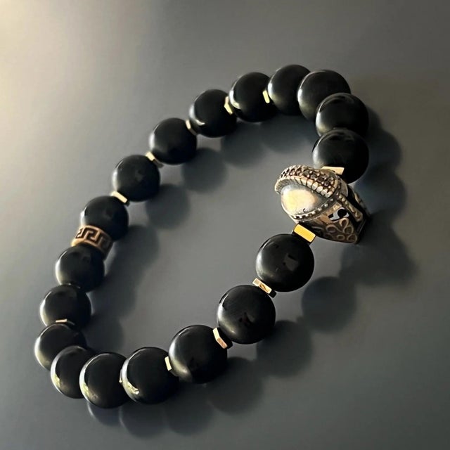 Black Onyx Stone Gladiator Charm Beaded Bracelet For Sale In Miami - Image 6 of 7