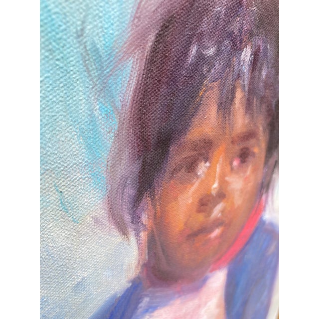 Late 20th Century Oil on Canvas Portrait Painting of a Beautiful Navajo Child, Framed For Sale - Image 4 of 13