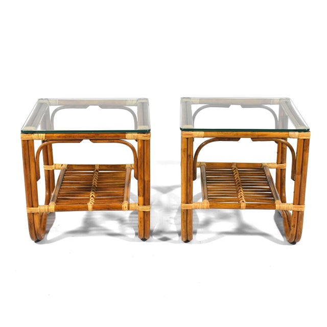 Contemporary Mid 20th Century Pair of Rattan Side Tables in the Manner of McGuire For Sale - Image 3 of 8