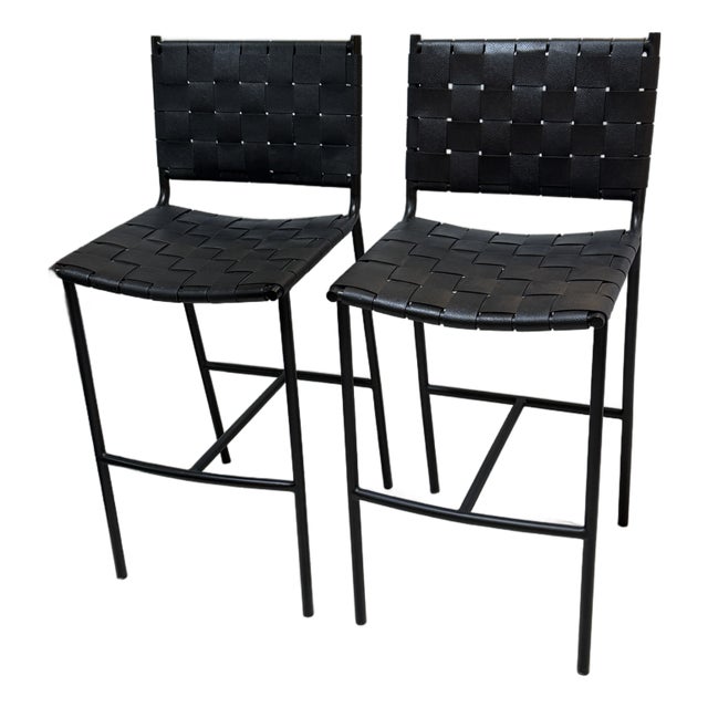 Mermelada Estudio for Cb2 Woven Leather Counter Stools, Pair For Sale