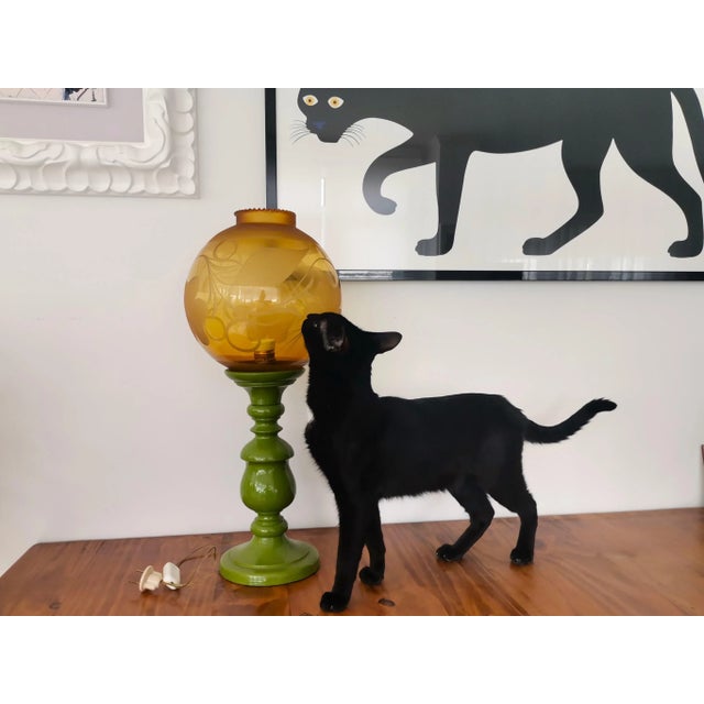 Large Mid-Century Italian Yellow & Green Wood and Glass Table Lamp For Sale - Image 4 of 18