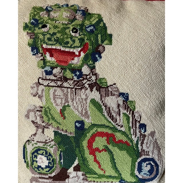 Mid-Century Needlepoint Pillow in the Chinese or Chinoiserie Taste With Foo Dog Lion For Sale - Image 4 of 12