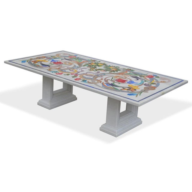 Elegant White Marble Coffee Table with Handcrafted Scagliola Inlay. This refined coffee table features an elegant...