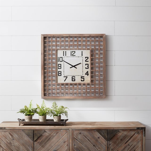 Modern Lattice Wood Wall Clock 29.5"SQ For Sale - Image 3 of 3