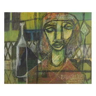 Pelle Montelius, Modern Composition with Figure and Bottle, 1958, Oil on Canvas For Sale
