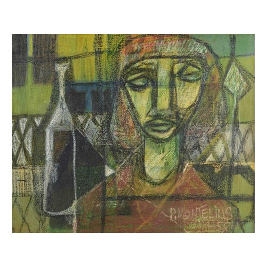 Pelle Montelius, Modern Composition with Figure and Bottle, 1958, Oil on Canvas For Sale
