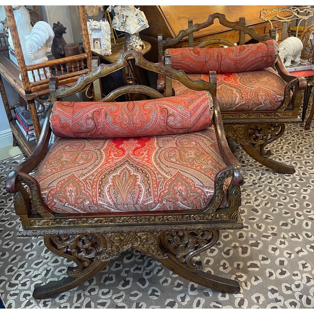 English Pair Rosewood Howdah Elephant Saddle Chairs, Antique Paisley For Sale - Image 3 of 12