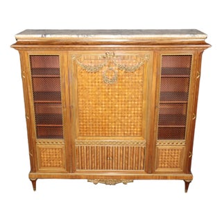 19th C French Louis XVI Style Walnut Vitrine Cabinet, Marble Top For Sale